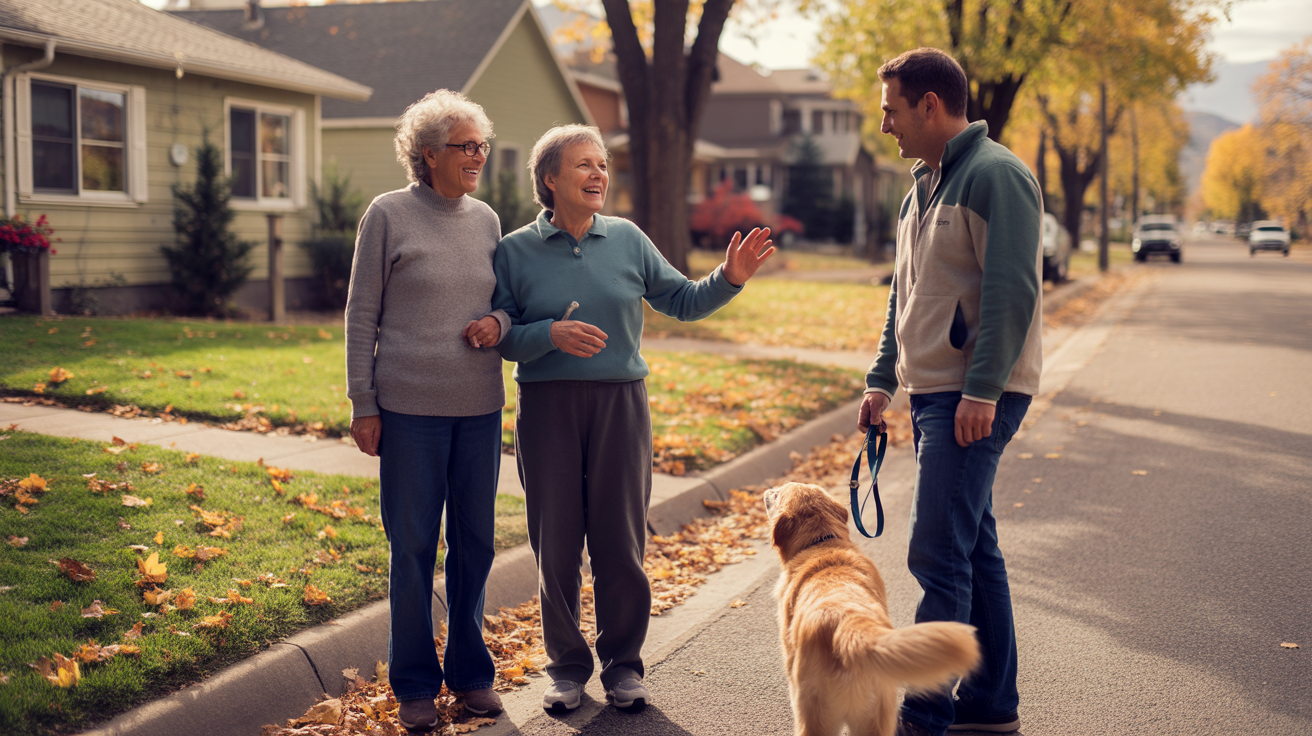 Older couple waves to friendly neighbor on quiet Golden, CO street in autumn