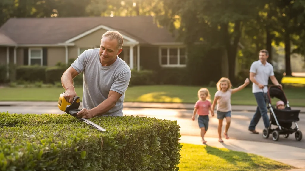 Man trimming hedges in front of suburban home in Madison, TN on summer evening