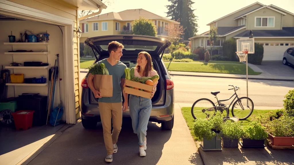 A couple unloading groceries from their SUV into the garage of their suburban home in Hillsboro, Oregon on a sunny afternoon.