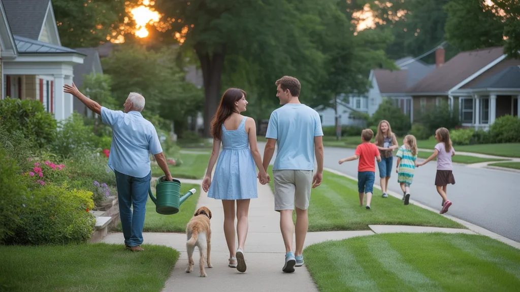 Couple walking their dog in a peaceful Lexington neighborhood at sunset