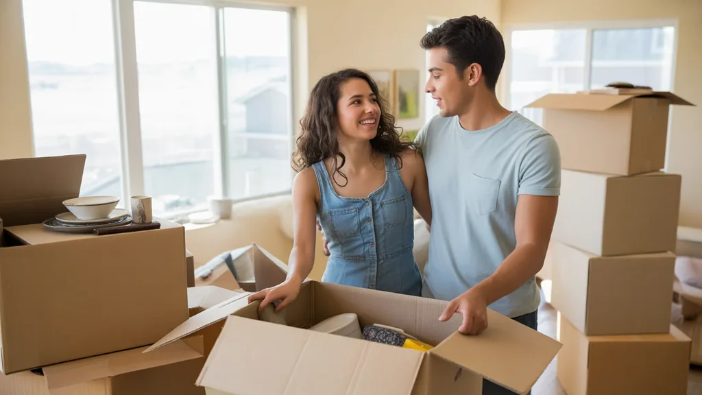 Couple unpacking after moving into new apartment in Littleton, Colorado