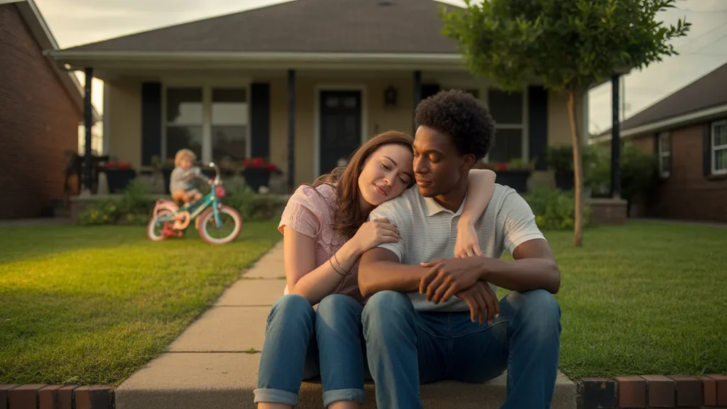 A couple sits on the front steps of their suburban home in Madison, TN at sunset.