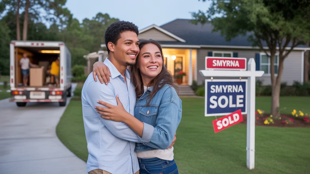 A young couple stands in front of their new house in Smyrna, TN at dusk.