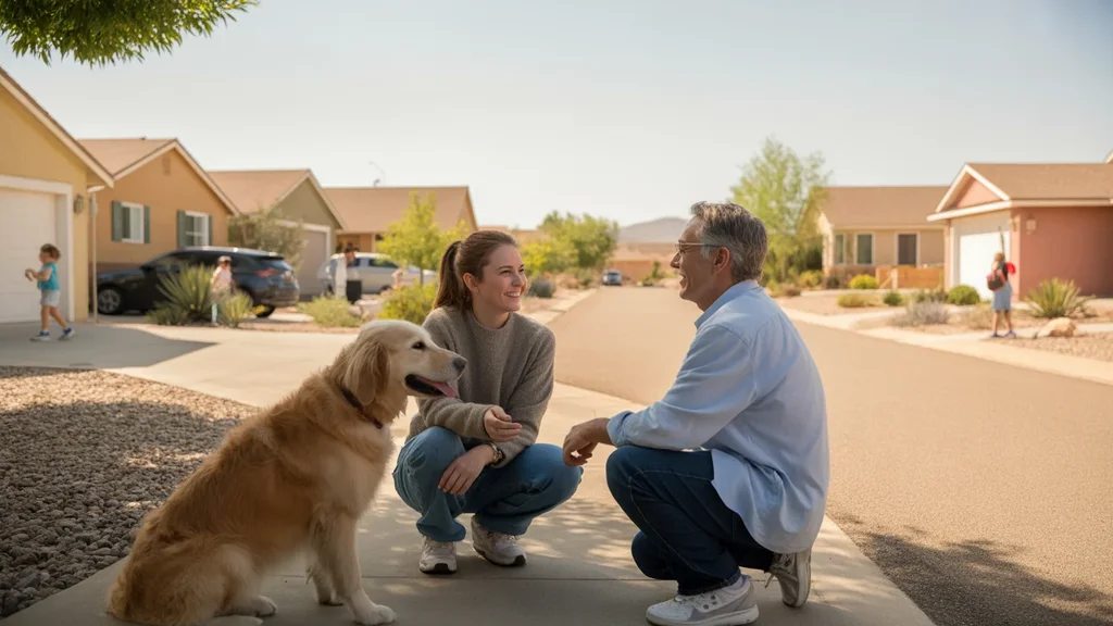 Neighbors chatting in a Henderson cul-de-sac with a dog nearby at sunset
