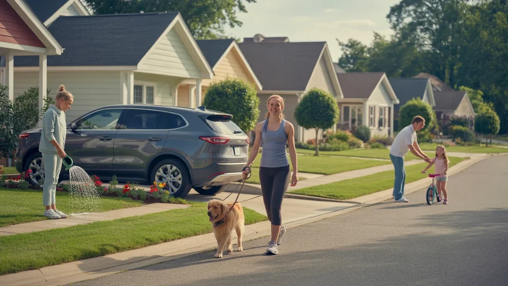 A woman walks her dog past tidy homes with manicured lawns in a peaceful Nicholasville neighborhood.