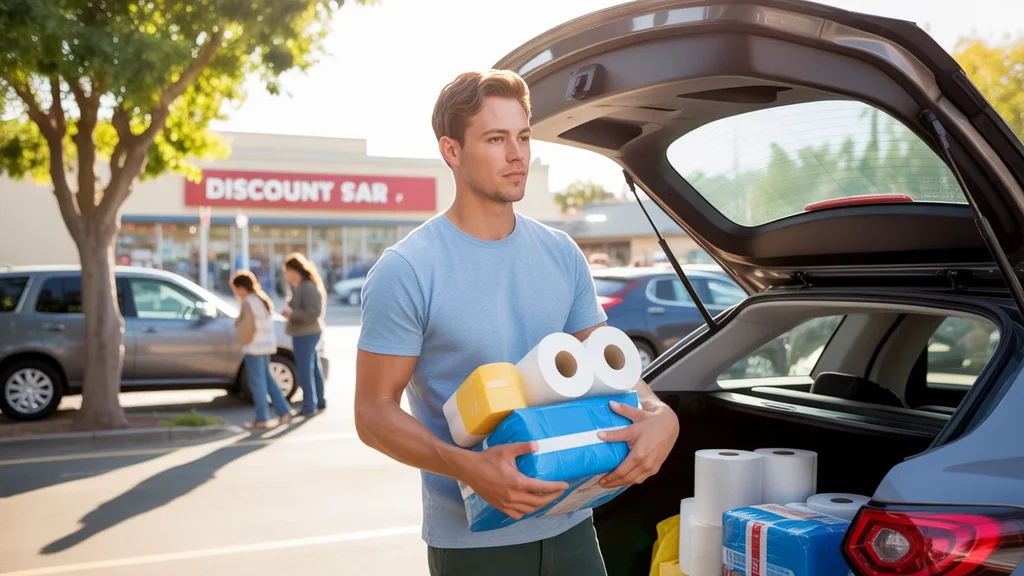 Man loading bulk household supplies into car outside discount store in Tustin, CA