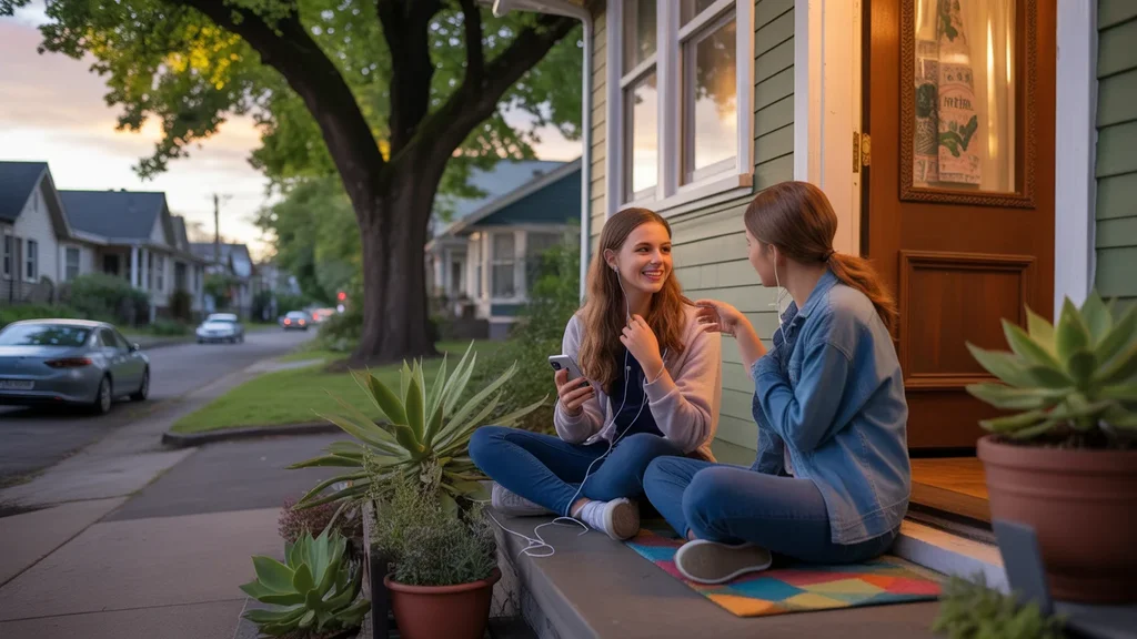 Two teenage girls share earbuds while looking at a phone on the front porch of a Portland home
