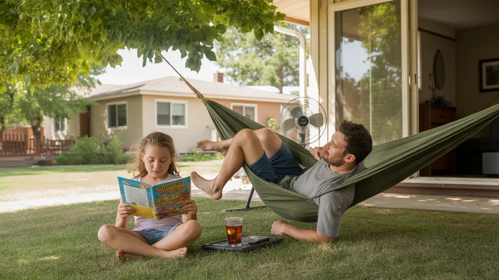 Father and daughter spending a hot summer afternoon in the backyard of their Boulder, Colorado home