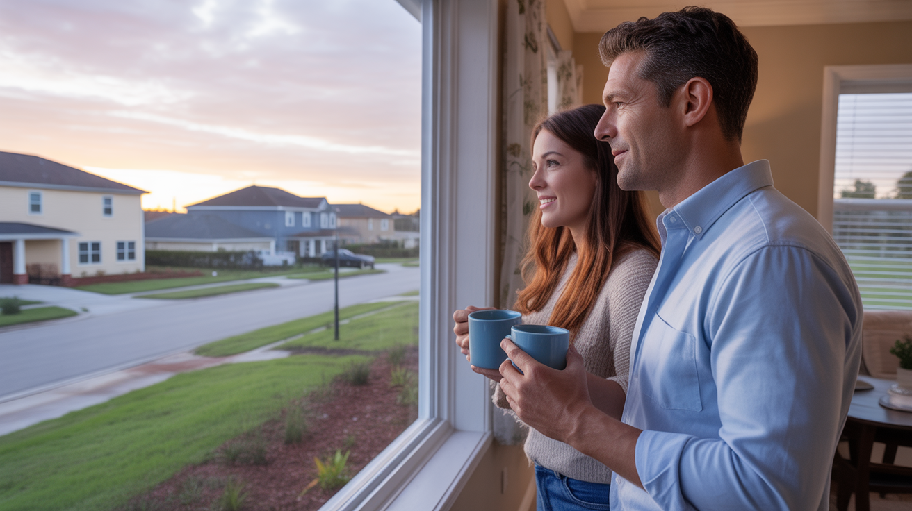 Couple looks out window of their new home in Davenport, FL