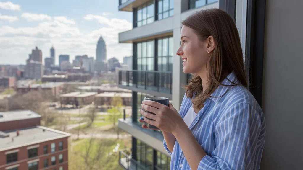 Woman looks out window of Lexington KY apartment with coffee mug and city view