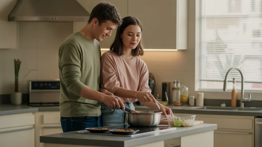 Couple cooking dinner in modern Hillsboro apartment kitchen