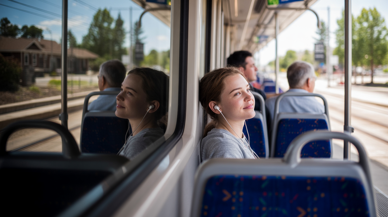 Teenage girl riding RTD light rail train in Lone Tree, Colorado