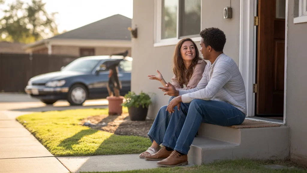 A couple sits on the front steps of their home in Grand Prairie, TX, talking and enjoying a quiet evening moment together.