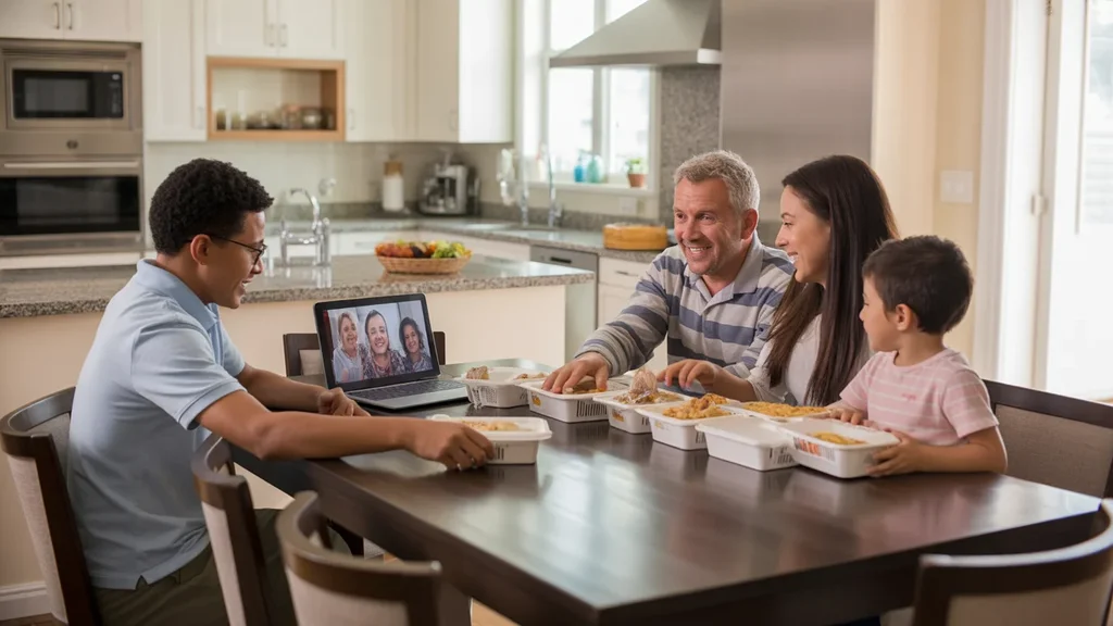 Family eating takeout in their new upscale kitchen while video chatting with relatives.