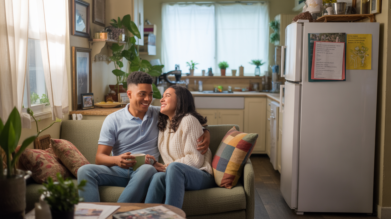 A couple relaxes together in the cozy living room of their shared apartment in Winter Park, FL.
