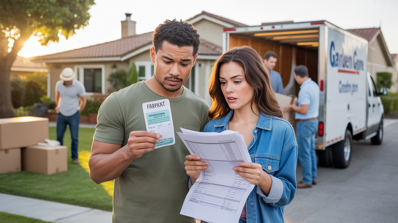 A couple reviewing bills and fees in front of their new Garden Grove home on moving day
