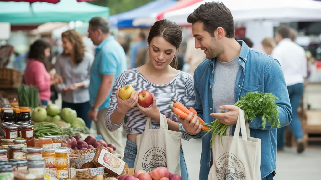 Couple shopping for fresh produce at farmers market in Winchester, Kentucky