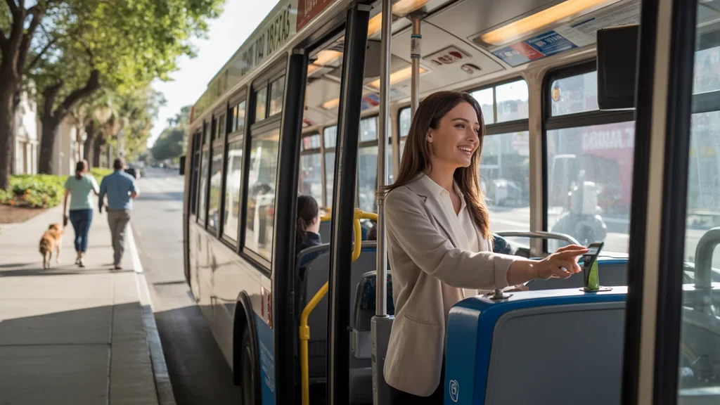 Woman boarding an OCTA bus in Tustin, CA on a quiet weekday morning