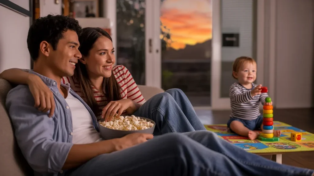 A couple watches TV while their child plays in the living room of their Clermont home at sunset.