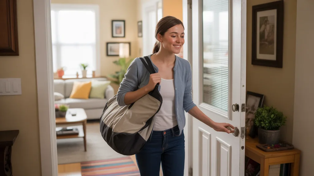 Young woman carrying gym bag enters her cozy apartment in West Jordan, UT with a content smile.