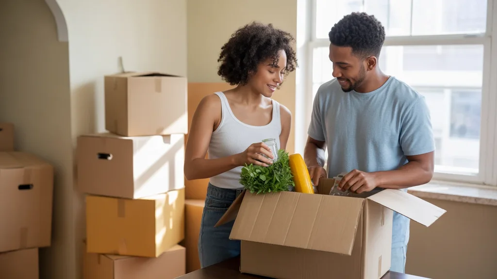 Couple unpacking groceries in new Midwest City apartment kitchen
