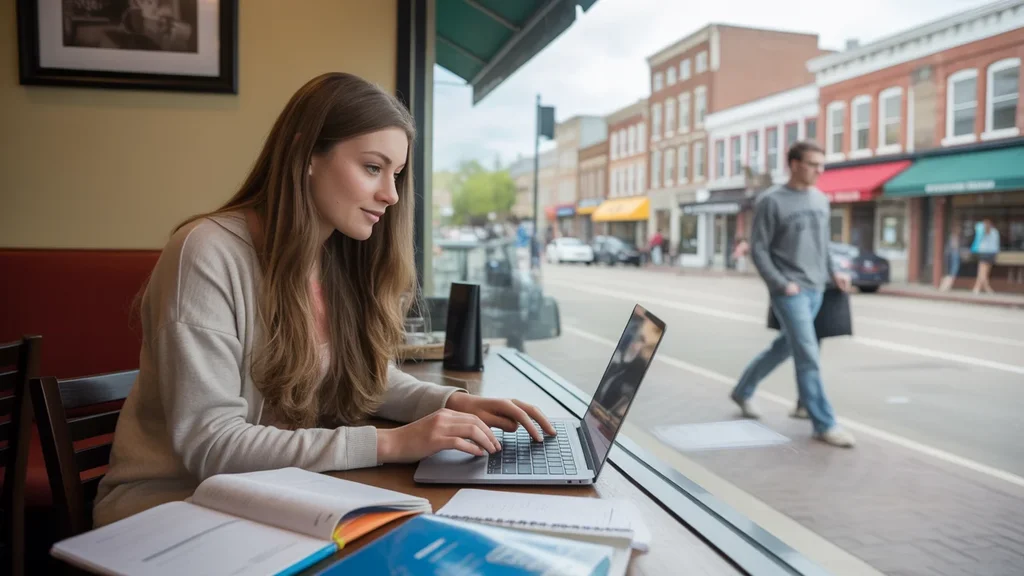 Student working in coffee shop with view of downtown Norman street