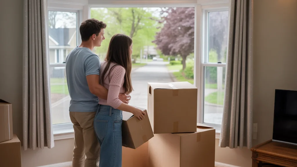 Couple unpacking in their new Tigard home, looking out at peaceful street