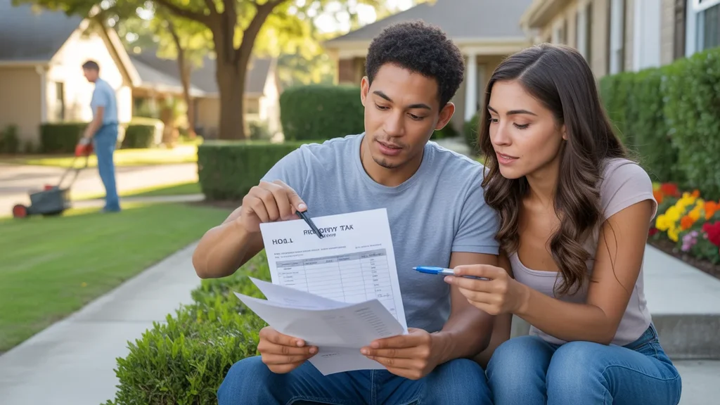 A couple reviews their property tax and HOA statements while sitting on the front steps of their suburban home.