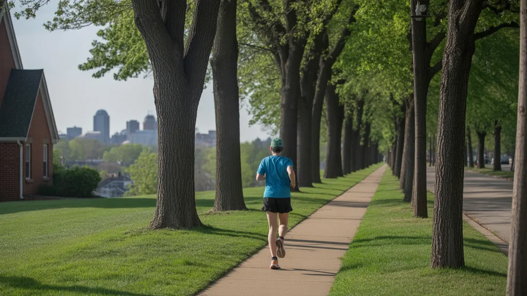 A jogger pauses on a sidewalk in Lexington, KY to look at the city skyline in the distance