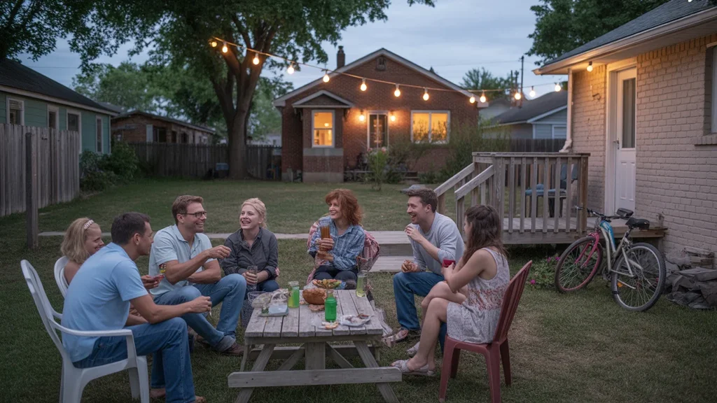 Friends and neighbors enjoying a casual backyard gathering in Oklahoma City at dusk