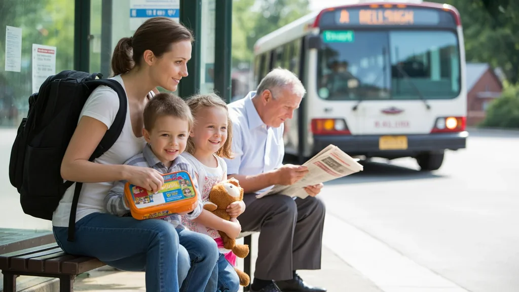 A family waiting for the bus at a sunny Raleigh bus stop