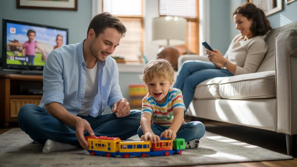 Father and son playing with toy train set in living room while mother relaxes on couch