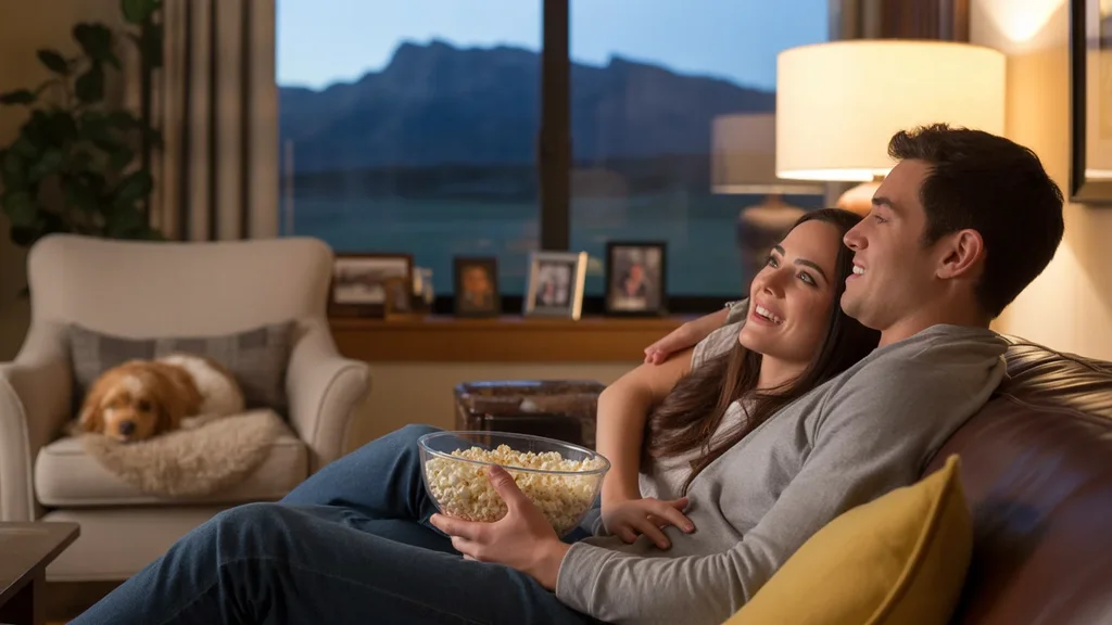 Couple streaming movie on TV in cozy Thornton living room at night
