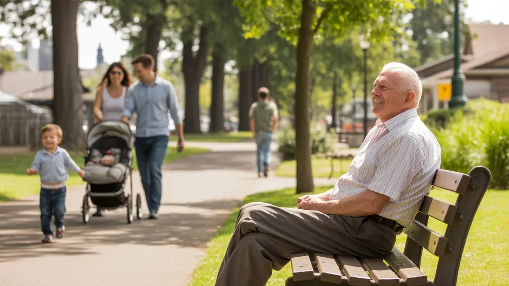 Elderly man sitting peacefully on park bench in Tigard, Oregon as young family strolls by on sunny afternoon