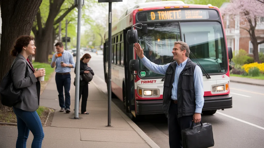 Friendly bus driver waves to waiting passenger at tree-lined Portland neighborhood bus stop