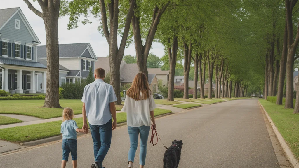 A family walking their dog through a peaceful Brentwood neighborhood with spacious yards and newer homes.