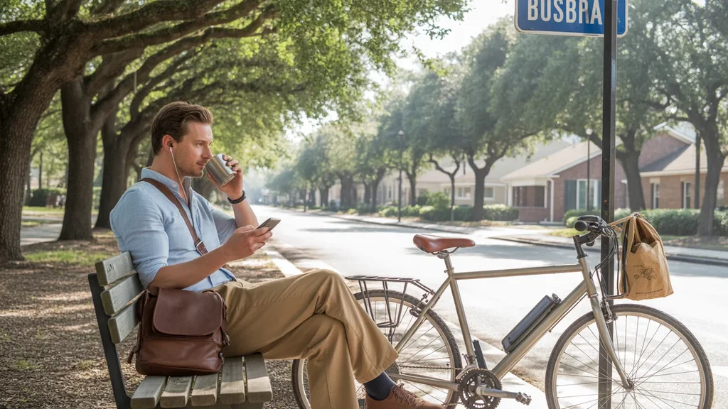 A man waits with his bike and coffee at a shaded suburban bus stop in The Woodlands, Texas