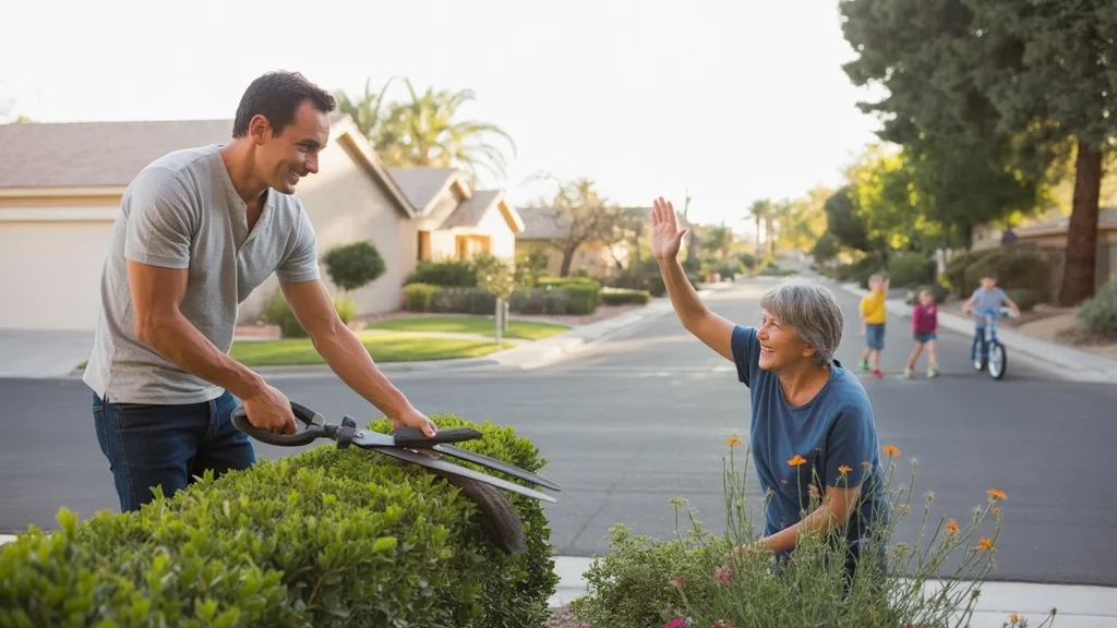 A man trims shrubs in front of his Spring Valley home while his neighbor tends her garden across the street.