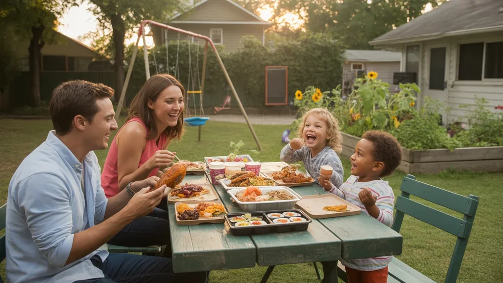 A family enjoys takeout dinner at a picnic table in their backyard in Nashville, TN