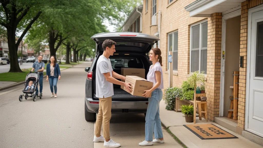 Couple unloading moving boxes from car in front of Joliet IL apartment building