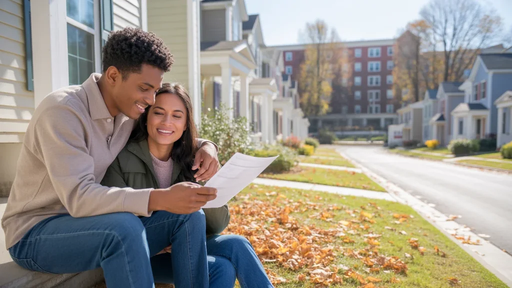 Couple reviewing paperwork while sitting on townhouse steps in Franklin, TN neighborhood
