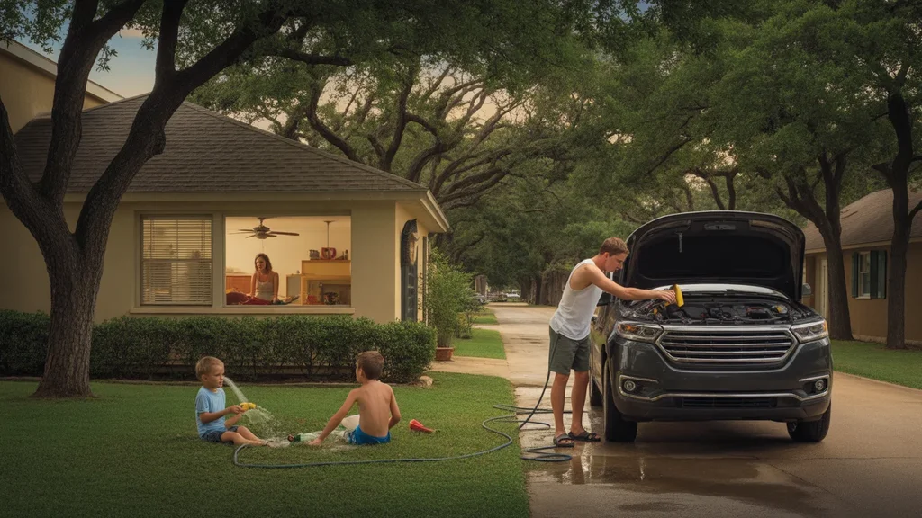 A father works on his car in the driveway while his sons play in the sprinkler on a hot summer evening in Georgetown, Texas