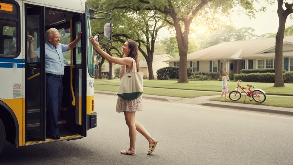 A woman stepping off a city bus in front of her home in Sugar Land, TX