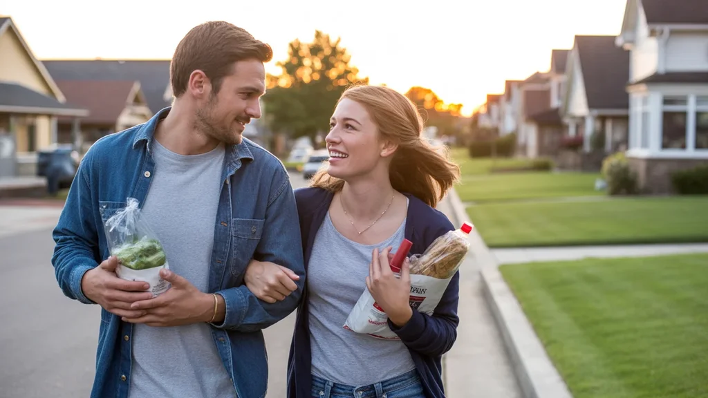 Two friends walking home from the grocery store in Edmond, OK, discussing dinner plans as the sun sets over the neighborhood.