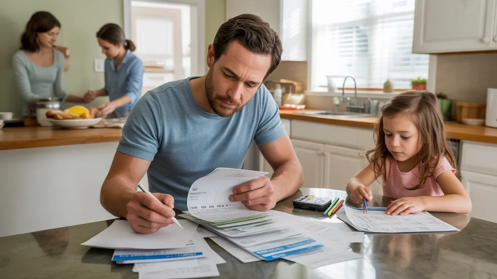 Man reviewing utility bills and fees at kitchen table in Moore home