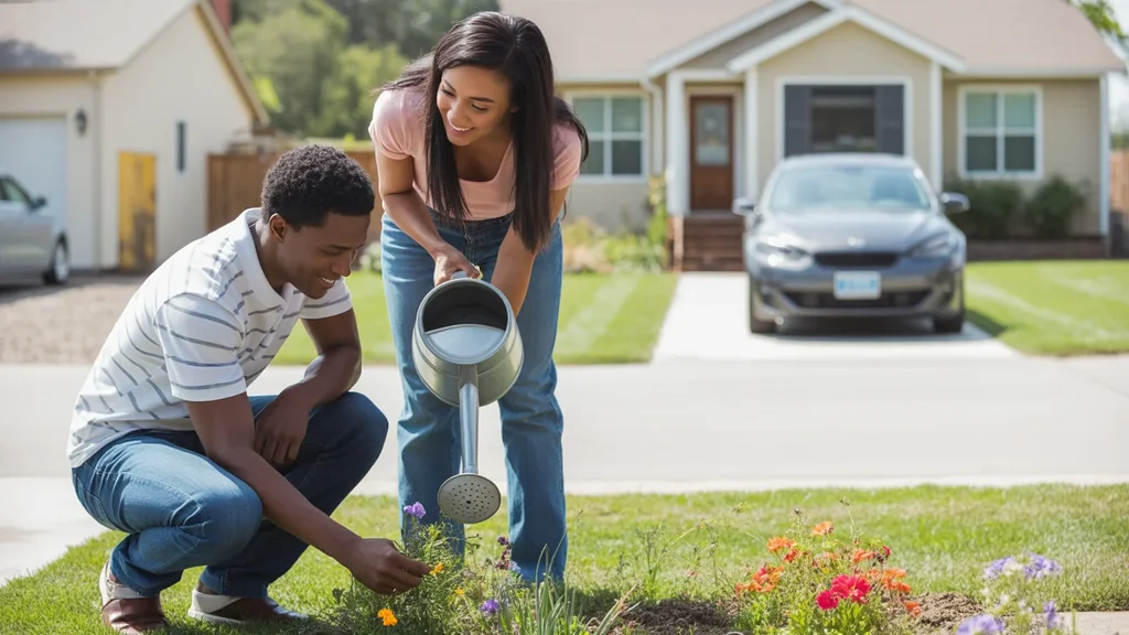 Couple doing yardwork in front of their home in Valley Station, Kentucky