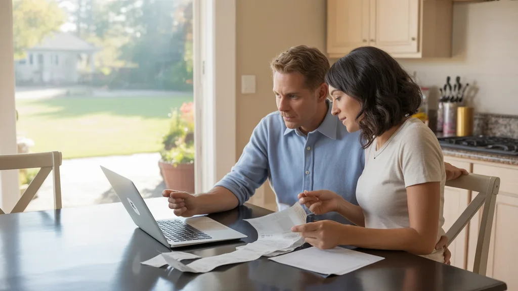 Couple reviewing monthly budget and expenses at kitchen table in Georgetown, KY home
