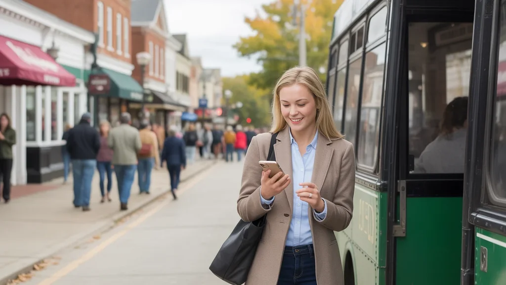Young woman stepping off bus and checking phone in walkable downtown Winchester, KY