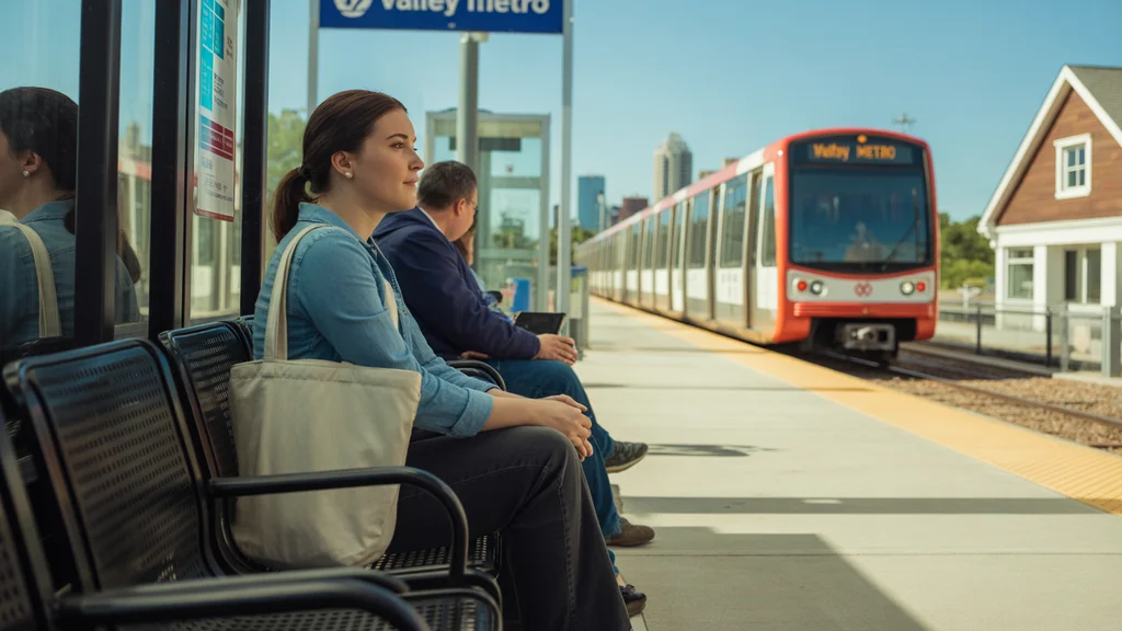 Woman waiting for light rail train at station in Smyrna, Tennessee