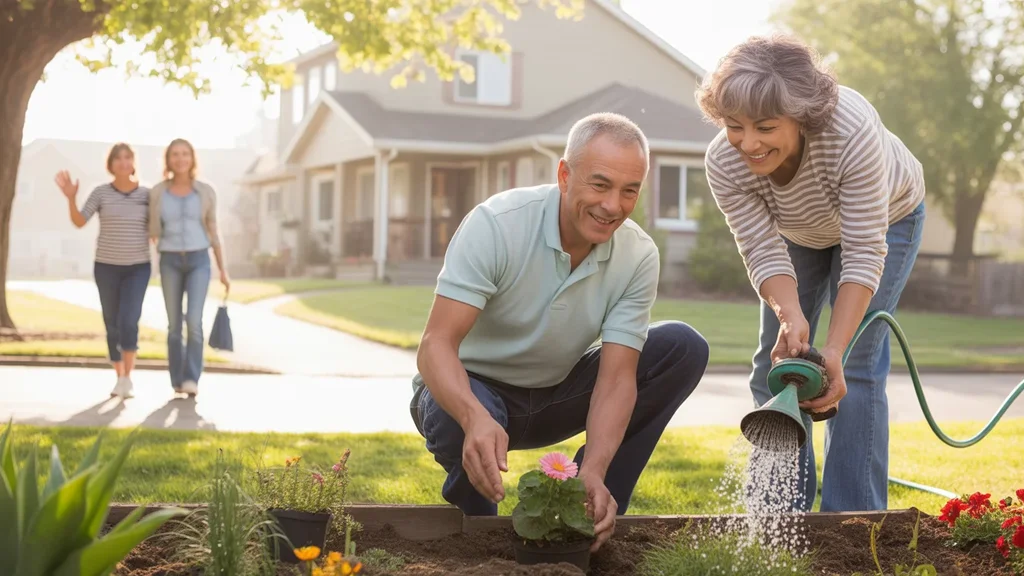 An older couple gardening together in their front yard on a sunny morning in Highlands Ranch, Colorado